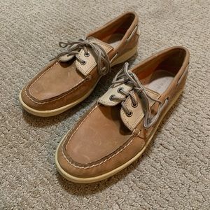 Tan Sperry boat shoes